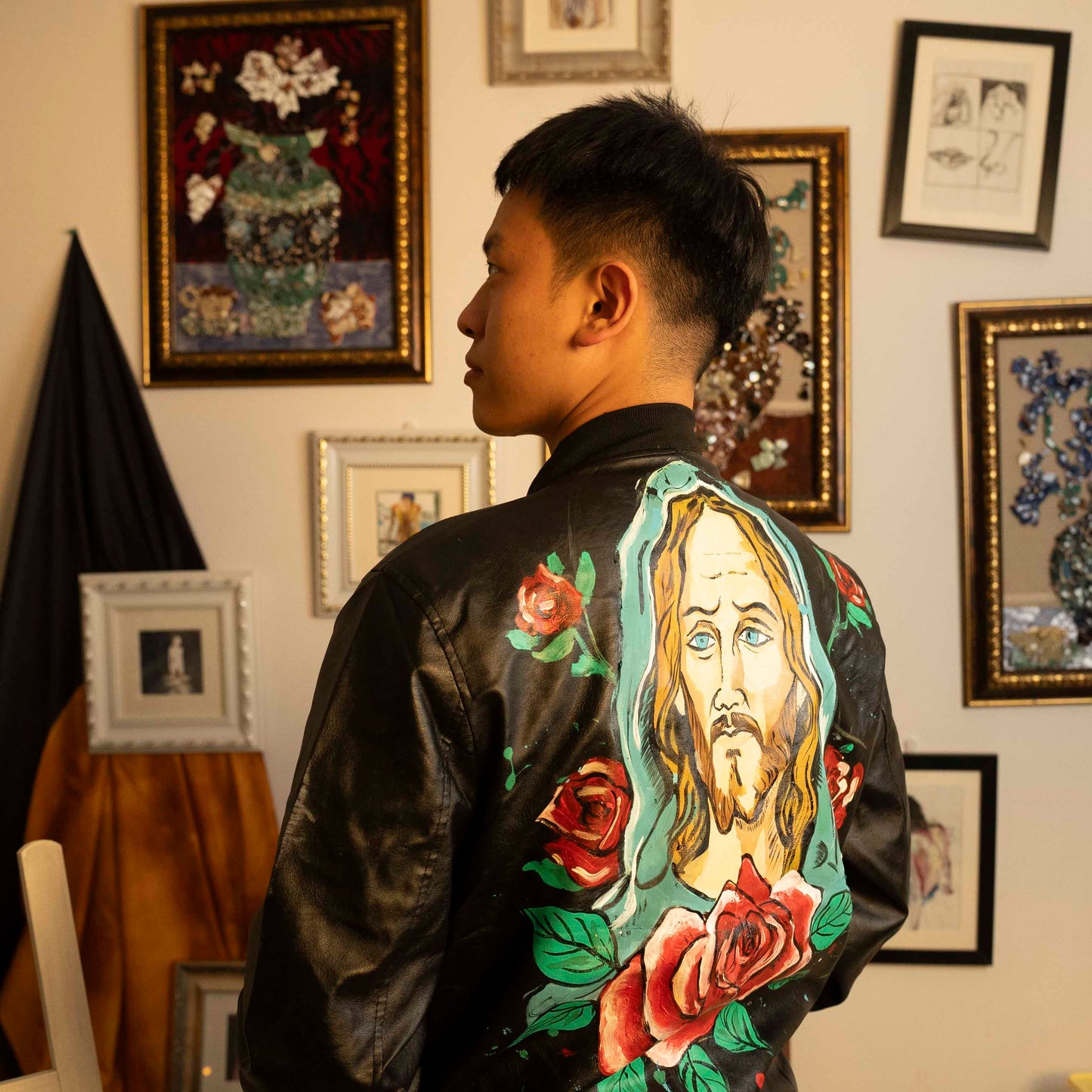 "Sacred Bloom" Hand-Painted Leather Jacket
